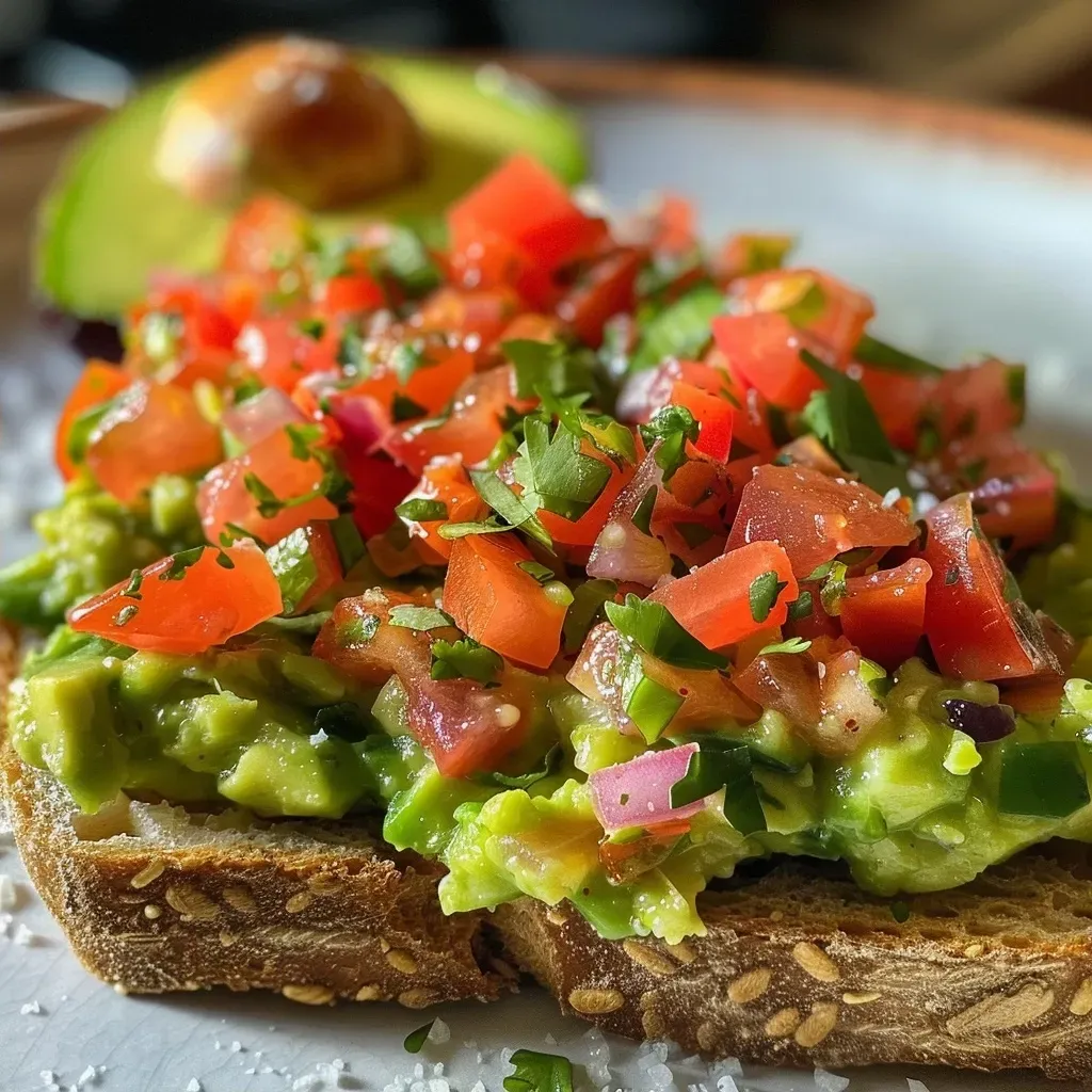 ['Torrada de abacate coberta com salsa fresca.', 'Close de uma fatia de pão integral com abacate e salsa.', 'Avocado toast com salsa vista de lado.', 'Torrada com abacate e salsa, focando na textura.']