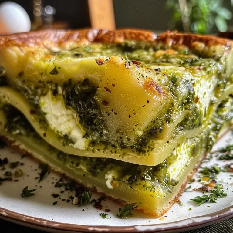 ['Close-up de uma torta salata com pesto de manjericão, batata e stracchino.', 'Torta salata de massa folhada recheada com pesto, batata e queijo stracchino.', 'Imagem de uma torta salata apresentando camadas de pesto e queijo stracchino.', 'Vista lateral de uma torta salata de batata e pesto, bem dourada e apetitosa.']