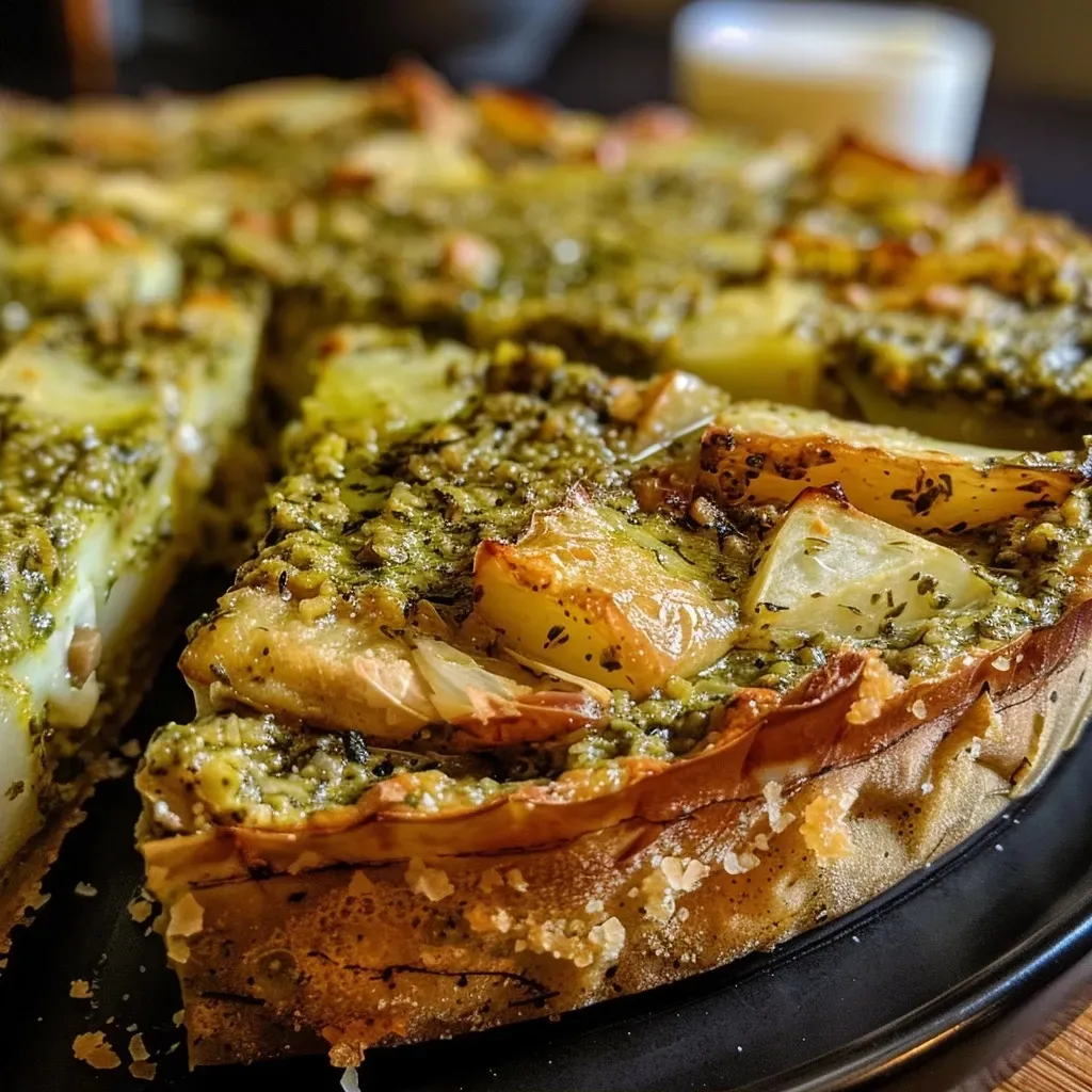 ['Close-up de uma torta salata com pesto de manjericão, batata e stracchino.', 'Torta salata de massa folhada recheada com pesto, batata e queijo stracchino.', 'Imagem de uma torta salata apresentando camadas de pesto e queijo stracchino.', 'Vista lateral de uma torta salata de batata e pesto, bem dourada e apetitosa.']