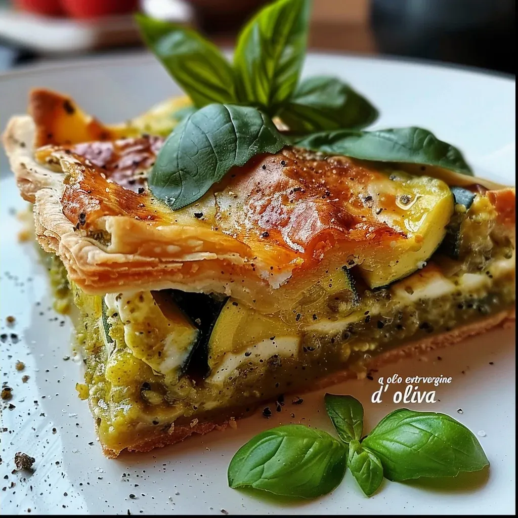 ['Close-up de uma torta salata de pesto e abobrinha, mostrando a textura suculenta.', 'Vista lateral da torta salata com pesto e abobrinha, ressaltando sua crocância.', 'Imagem detalhada de uma torta salata de pesto e zucchine, com camadas visíveis.', 'Torta salata de pesto e abobrinha, apresentando cores vibrantes e frescas.']