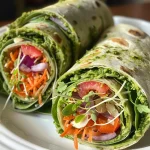 ['Wraps de pesto vegetal coloridos com ingredientes frescos.', 'Close-up de wraps recheados com pesto vegetal e vegetais crocantes.', 'Deliciosos wraps de pesto com queijo mozzarella e vegetais.', 'Vista lateral de wraps de pesto com diversos ingredientes frescos.']