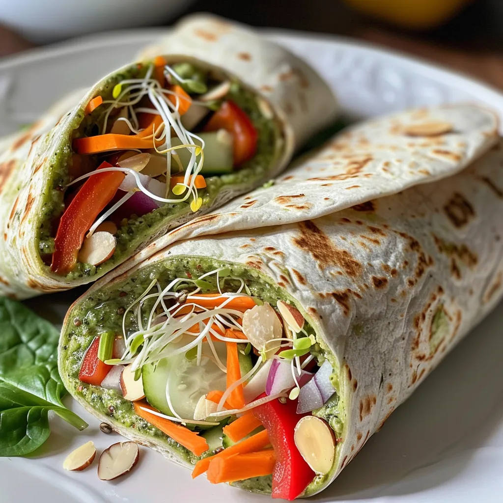 ['Wraps de pesto vegetal coloridos com ingredientes frescos.', 'Close-up de wraps recheados com pesto vegetal e vegetais crocantes.', 'Deliciosos wraps de pesto com queijo mozzarella e vegetais.', 'Vista lateral de wraps de pesto com diversos ingredientes frescos.']