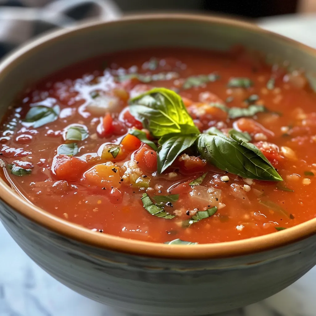 ['Sopa de tomate assado com ervas frescas.', 'Close de sopa de tomate cremosa com manjericão.', 'Atraente sopa de tomate com pedaços de tomate e alho.', 'Prato de sopa de tomate assado com ingredientes frescos.']