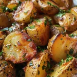 ['Batatas assadas com limão e ervas, crocantes e douradas.', 'Close de batatas assadas temperadas com limão e ervas frescas.', 'Batatas pequenas assadas com ervas, mostrando suculência.', 'Porção de batatas assadas com ervas, destacando o limão.']