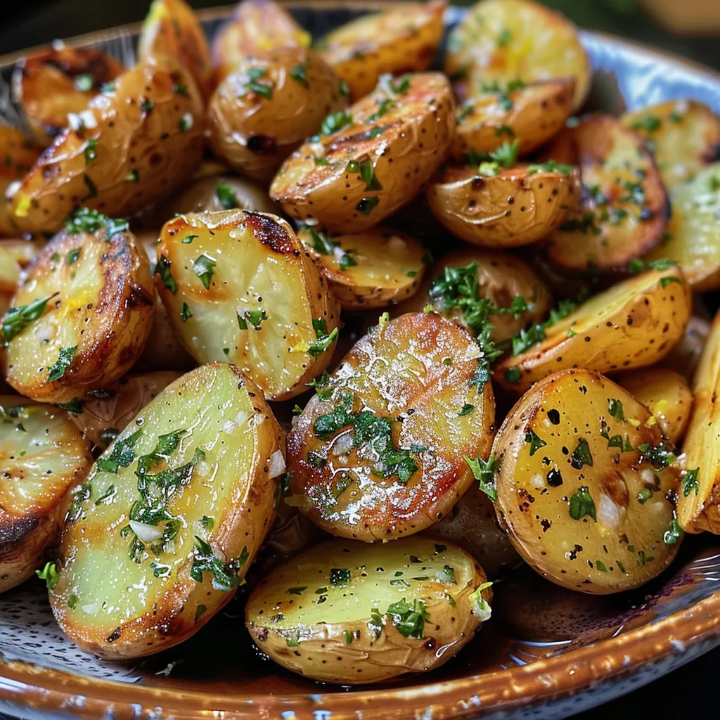 ['Batatas assadas com limão e ervas, crocantes e douradas.', 'Close de batatas assadas temperadas com limão e ervas frescas.', 'Batatas pequenas assadas com ervas, mostrando suculência.', 'Porção de batatas assadas com ervas, destacando o limão.']
