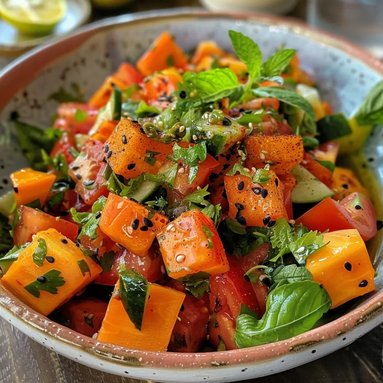 ['Salada colorida com manga, pepino e tomate.', 'Close de uma salada fresca com cubos de manga e vegetais.', 'Prato de salada tropical com ingredientes frescos.', 'Salada com manga e temperos, apresentada em um prato.']