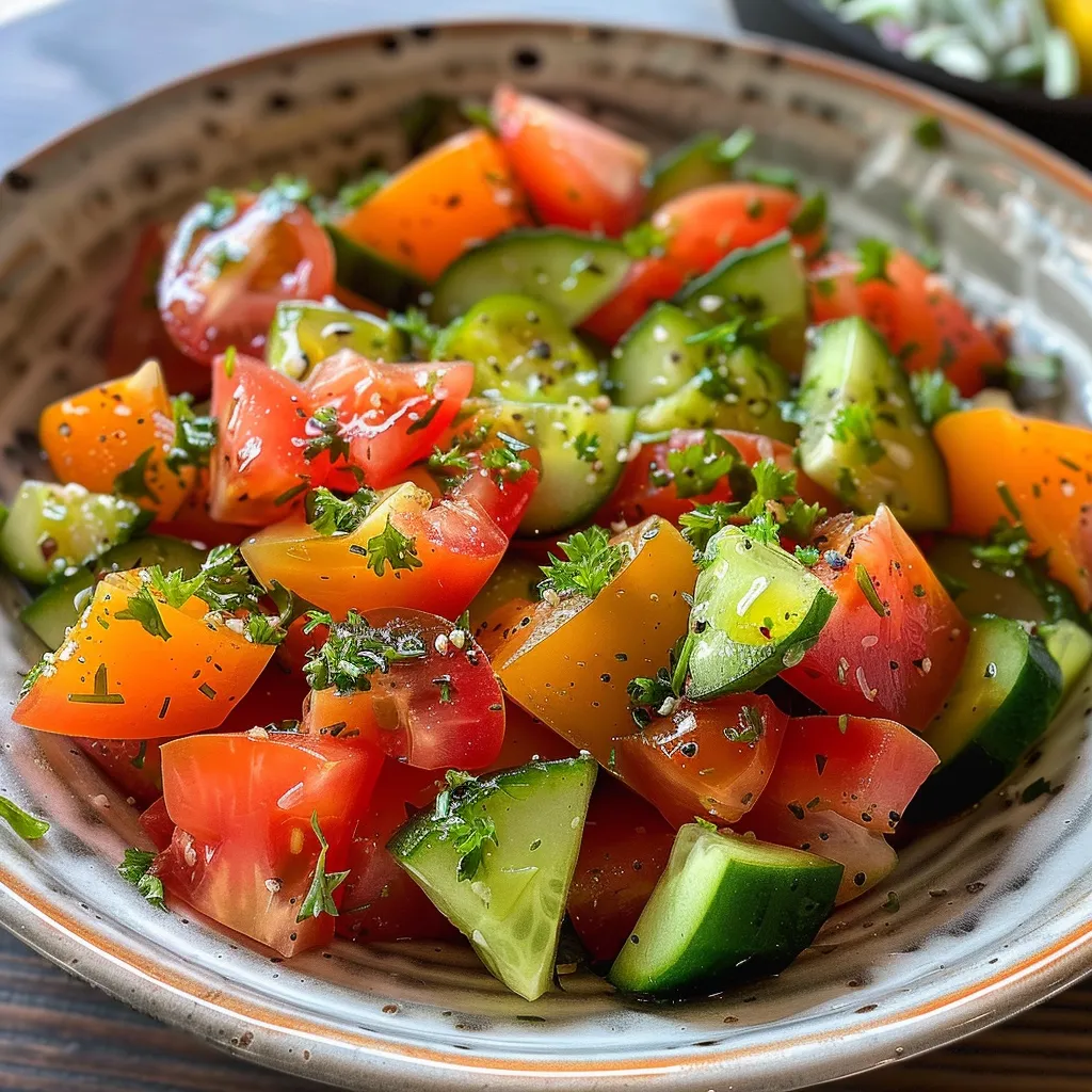 ['Salada colorida com manga, pepino e tomate.', 'Close de uma salada fresca com cubos de manga e vegetais.', 'Prato de salada tropical com ingredientes frescos.', 'Salada com manga e temperos, apresentada em um prato.']