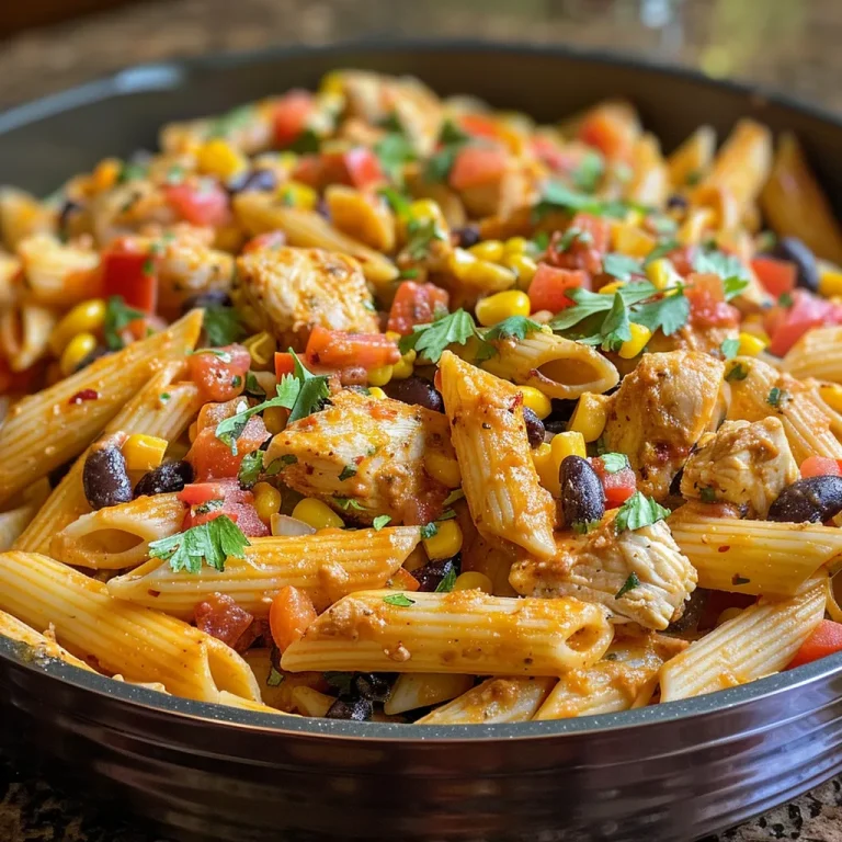 ['Prato de massa com frango ao estilo sudoeste, creme e queijo cheddar.', 'Close de uma porção de penne com frango, feijão preto e milho.', 'Massa com frango, vegetais e molho cremoso, servida em um prato raso.', 'Vista lateral de um prato colorido de penne ao estilo sudoeste.']