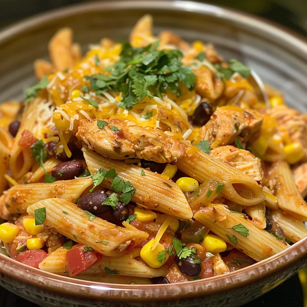 ['Prato de massa com frango ao estilo sudoeste, creme e queijo cheddar.', 'Close de uma porção de penne com frango, feijão preto e milho.', 'Massa com frango, vegetais e molho cremoso, servida em um prato raso.', 'Vista lateral de um prato colorido de penne ao estilo sudoeste.']