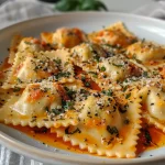 ['Close-up de ravioli de queijo com molho marinara e manjericão.', 'Ravioli recheado com queijo envolto em molho de tomate e alho.', 'Prato de ravioli de queijo coberto com molho marinara fresco.', 'Ravioli cremoso servido com molho de tomate e manjericão frescos.']