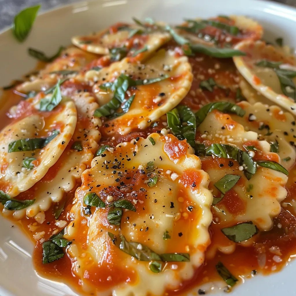 ['Close-up de ravioli de queijo com molho marinara e manjericão.', 'Ravioli recheado com queijo envolto em molho de tomate e alho.', 'Prato de ravioli de queijo coberto com molho marinara fresco.', 'Ravioli cremoso servido com molho de tomate e manjericão frescos.']