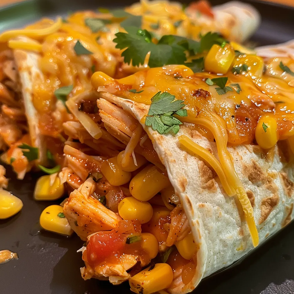 ['Wrap de frango com queijo e milho apresentado de lado, com recheio suculento.', 'Close-up de um wrap de frango, queijo e milho, mostrando a textura do recheio.', 'Imagem lateral de um wrap delicioso com frango desfiado, milho e queijo derretido.', 'Wrap recheado com frango, queijo e milho, evidenciando os ingredientes frescos.']