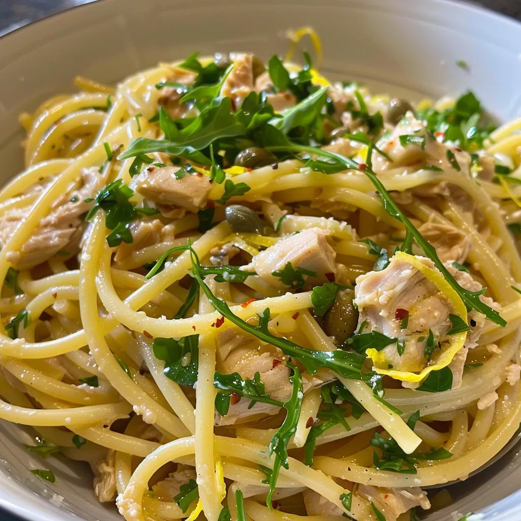 ['Prato de massa com atum e vegetais frescos.', 'Close de massa mediterrânea com atum e temperos.', 'Espaguete com atum, arúgula e ervas em uma tigela.', 'Prato colorido de massa com atum, limão e capers.']