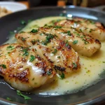 ['Filete de frango suculento coberto com molho cremoso de alho.', 'Prato de filete de frango em molho de alho brilhante e apetitoso.', 'Close-up de filete de frango acompanhado de um molho cremoso.', 'Filete de frango com molho de alho, guarnecido com salsinha.']