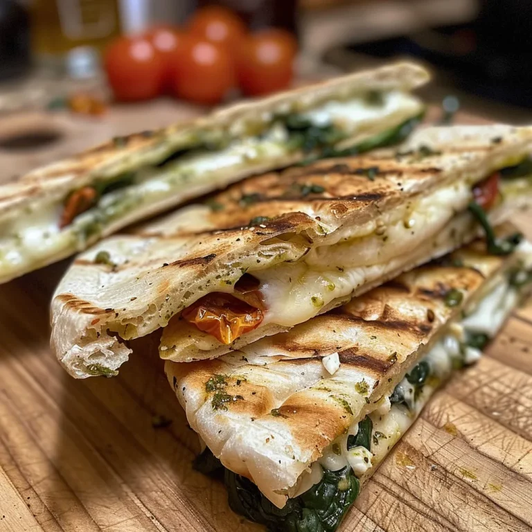 ['Sanduíche grelhado de pita com mozzarella e feta, mostrando camadas recheadas.', 'Close de um pita grelhado recheado com queijo mozzarella e feta, coberto de espinafre.', 'Pita grelhado recheado com queijo, espinafre e tomates secos.', 'Sanduíche de pita com queijo mozzarella e feta, apresentado de lado.']
