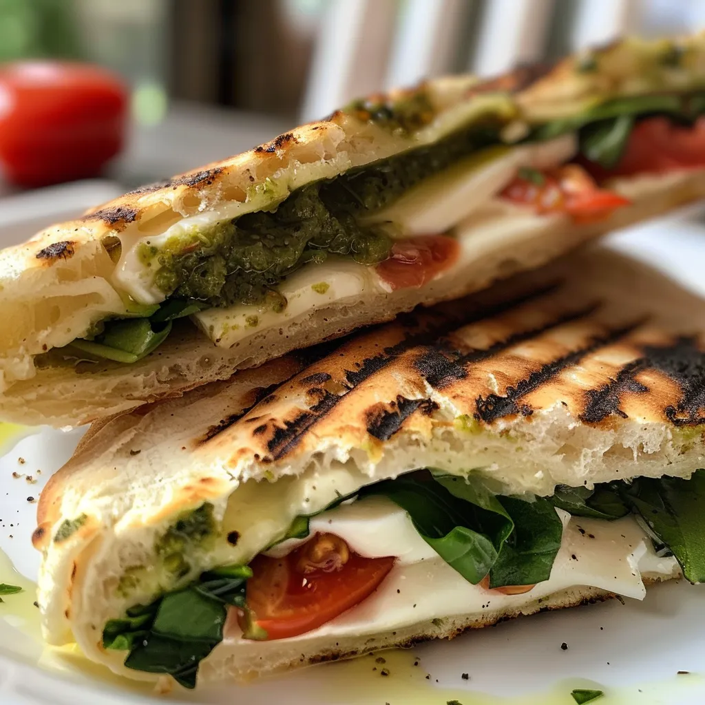['Sanduíche grelhado de pita com mozzarella e feta, mostrando camadas recheadas.', 'Close de um pita grelhado recheado com queijo mozzarella e feta, coberto de espinafre.', 'Pita grelhado recheado com queijo, espinafre e tomates secos.', 'Sanduíche de pita com queijo mozzarella e feta, apresentado de lado.']