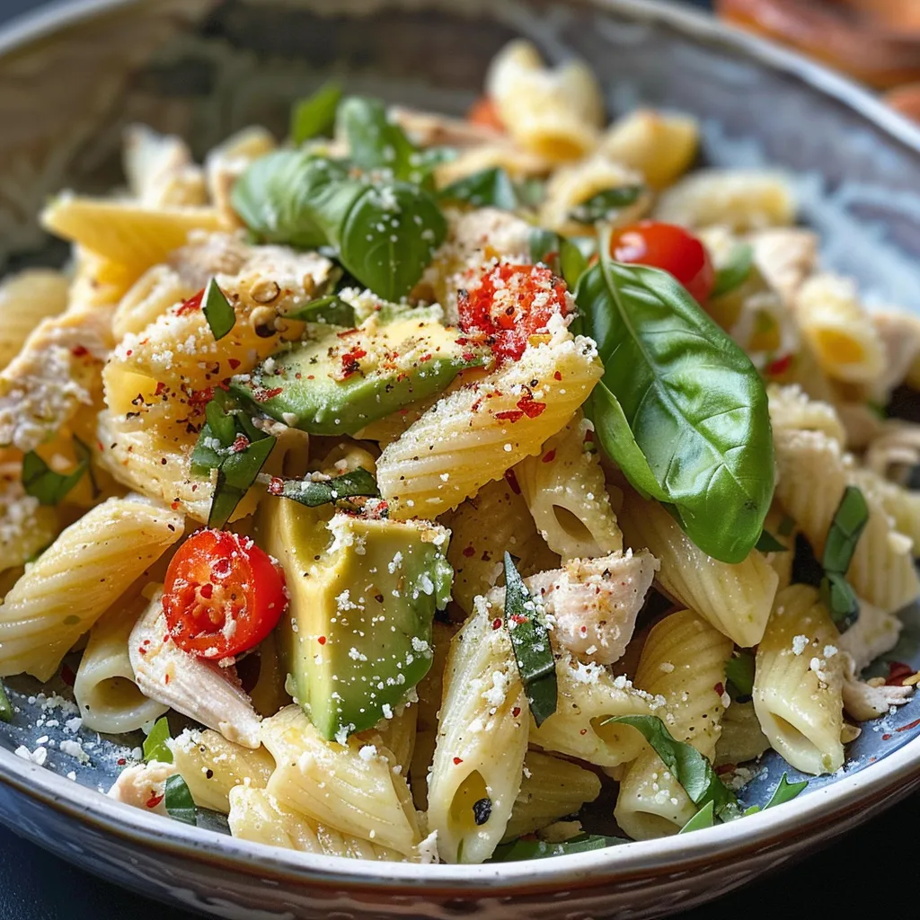 ['Prato de massa cremosa de abacate com frango em destaque.', 'Close de massa com molho de abacate e pedaços de frango.', 'Porção de pasta de abacate decorada com ervas frescas.', 'Detalhe de prato com massa cremosa e frango desfiado.']