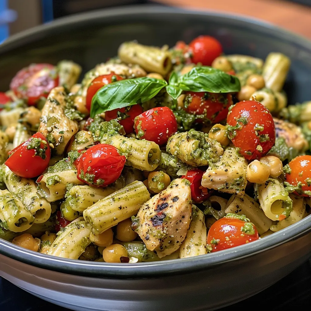 Prato de penne com pesto, decorado com tomates-cereja.