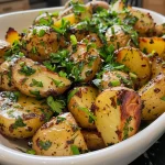 ['Salada de batata com limão em close.', 'Detalhe de salada de batata e temperos.', 'Salada de batata com cebola verde e salsinha.', 'Salada fresca de batata com limão e especiarias.']