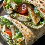 ['Wrap de frango com pesto, recheado com alface e tomates.', 'Close-up de um wrap de frango com molho pesto e ingredientes frescos.', 'Visão lateral de um wrap de frango, mostrando o recheio colorido.', 'Wrap suculento de frango com pesto, envolto em tortilla.']