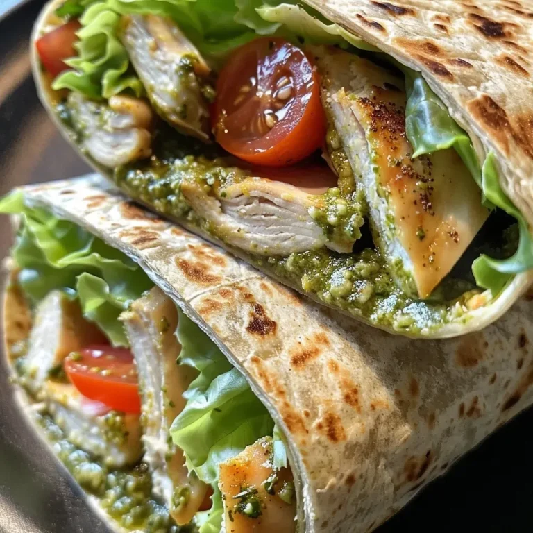 ['Wrap de frango com pesto, recheado com alface e tomates.', 'Close-up de um wrap de frango com molho pesto e ingredientes frescos.', 'Visão lateral de um wrap de frango, mostrando o recheio colorido.', 'Wrap suculento de frango com pesto, envolto em tortilla.']