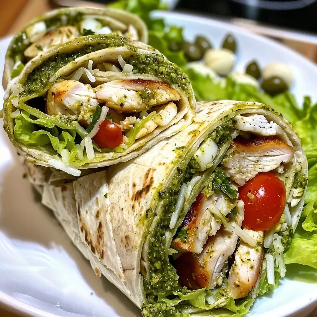 ['Wrap de frango com pesto, recheado com alface e tomates.', 'Close-up de um wrap de frango com molho pesto e ingredientes frescos.', 'Visão lateral de um wrap de frango, mostrando o recheio colorido.', 'Wrap suculento de frango com pesto, envolto em tortilla.']