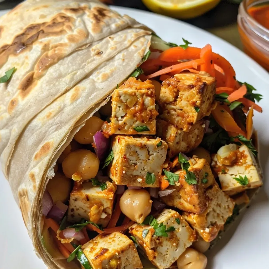 ['Wrap de legumes recheado com tofu e grão-de-bico.', 'Close-up de wrap saudável com legumes e molho picante.', 'Delicioso wrap de tofu e vegetais em vista lateral.', 'Wrap recheado com grão-de-bico, cenoura e abobrinha.']