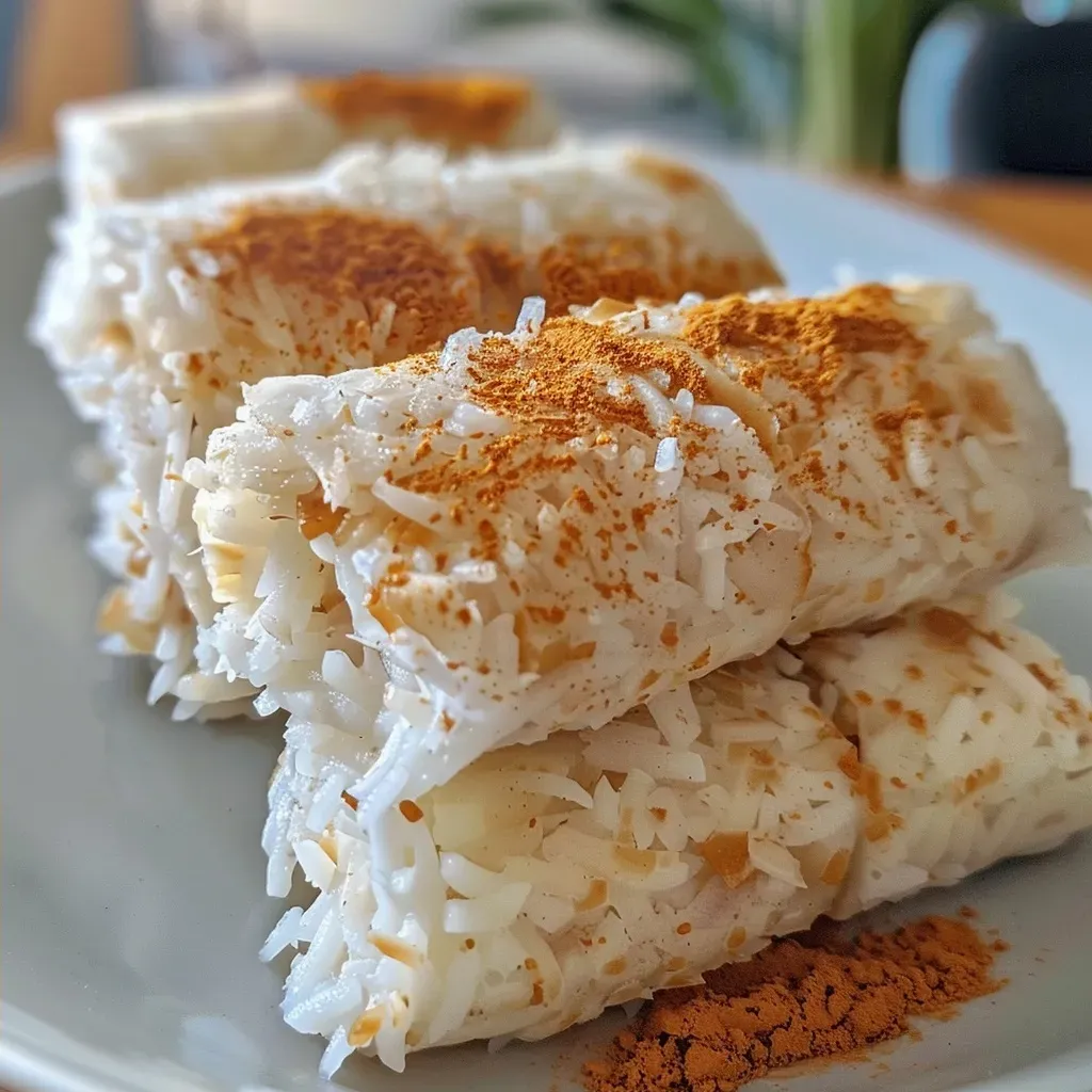 ['Wraps de coco frescos em close, mostrando a textura suculenta.', 'Vista lateral de wraps de coco, evidenciando a cremosidade.', 'Imagem close de wraps feitos com carne de coco jovem.', 'Deliciosos wraps de coco em cima de uma superfície clara.']