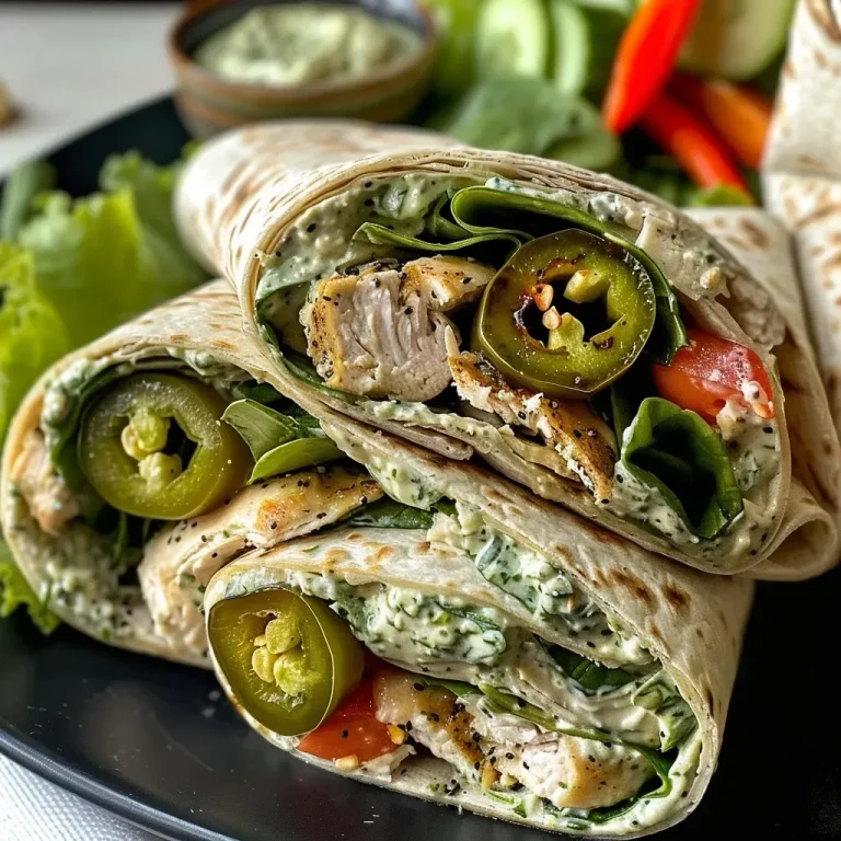 ['Wraps de frango com molho verde e vegetais frescos.', 'Salada enrolada de frango com molho de tahine e jalapeños.', 'Close-up de wraps de frango com abacate e pimentões.', 'Wraps de frango com alface, pepino e cebola roxa.']