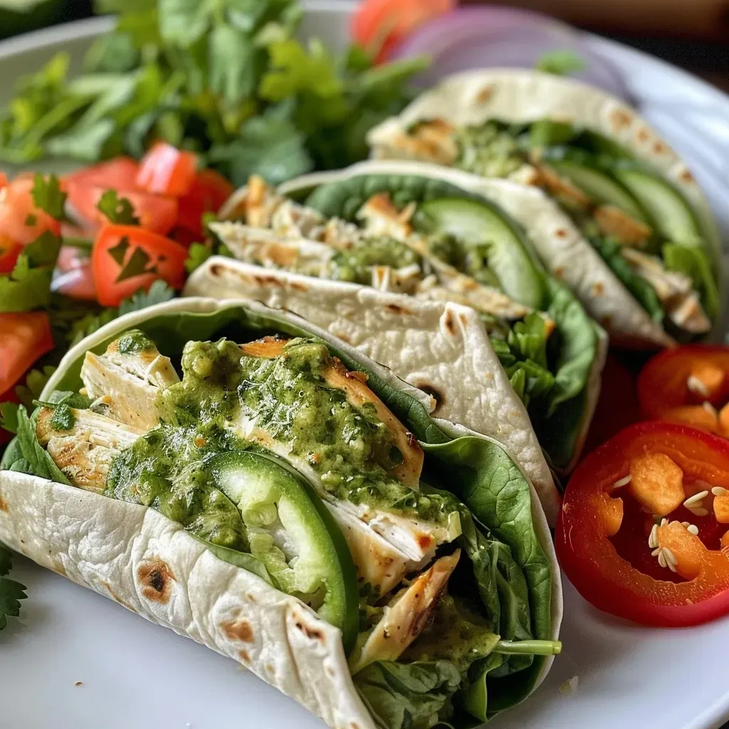 ['Wraps de frango com molho verde e vegetais frescos.', 'Salada enrolada de frango com molho de tahine e jalapeños.', 'Close-up de wraps de frango com abacate e pimentões.', 'Wraps de frango com alface, pepino e cebola roxa.']