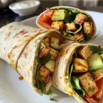 ['Wraps veganos de tofu balsâmico e hummus com ingredientes frescos.', 'Close-up de wraps feitos com tofu, hummus e vegetais.', 'Tofu balsâmico envolto em tortillas com vegetais coloridos.', 'Receita de wraps veganos com hummus e tofu ao lado.']