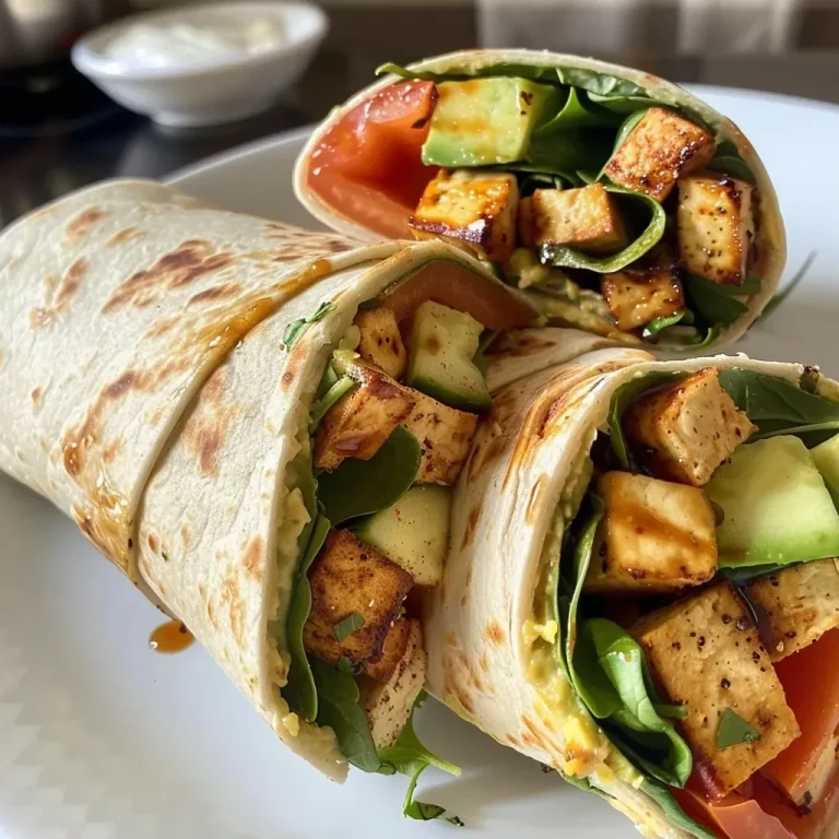 ['Wraps veganos de tofu balsâmico e hummus com ingredientes frescos.', 'Close-up de wraps feitos com tofu, hummus e vegetais.', 'Tofu balsâmico envolto em tortillas com vegetais coloridos.', 'Receita de wraps veganos com hummus e tofu ao lado.']