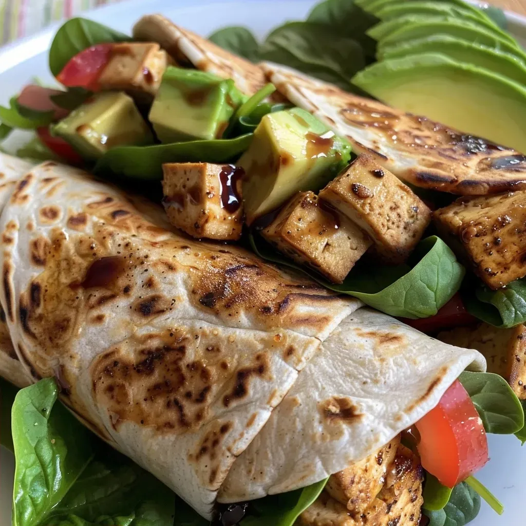 ['Wraps veganos de tofu balsâmico e hummus com ingredientes frescos.', 'Close-up de wraps feitos com tofu, hummus e vegetais.', 'Tofu balsâmico envolto em tortillas com vegetais coloridos.', 'Receita de wraps veganos com hummus e tofu ao lado.']
