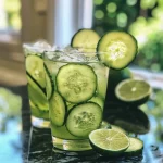 ['Água de pepino fresca em um copo com gelo.', 'Bebida refrescante de água de pepino com fatias de limão.', 'Close-up de água de pepino servida em um copo decorado.', 'Copo de água de pepino gelada com fatias de pepino ao lado.']