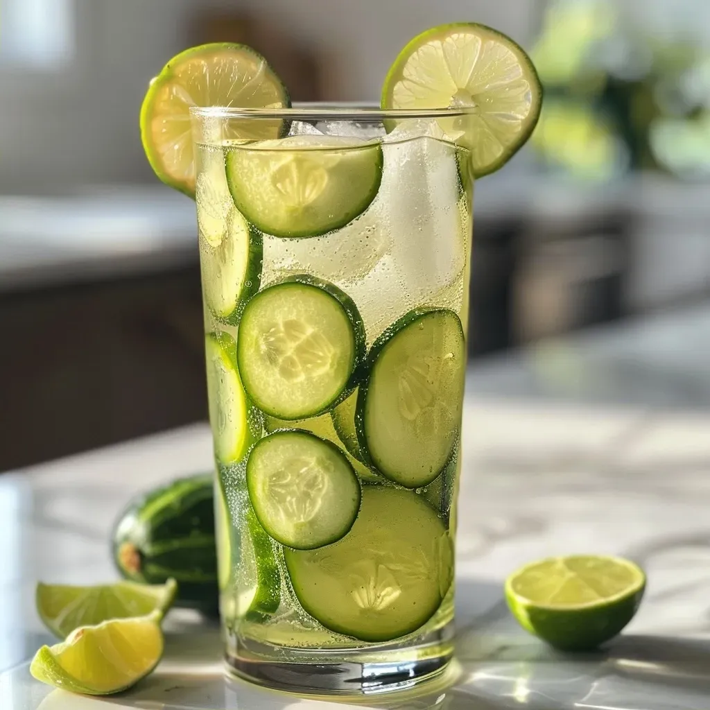 ['Água de pepino fresca em um copo com gelo.', 'Bebida refrescante de água de pepino com fatias de limão.', 'Close-up de água de pepino servida em um copo decorado.', 'Copo de água de pepino gelada com fatias de pepino ao lado.']