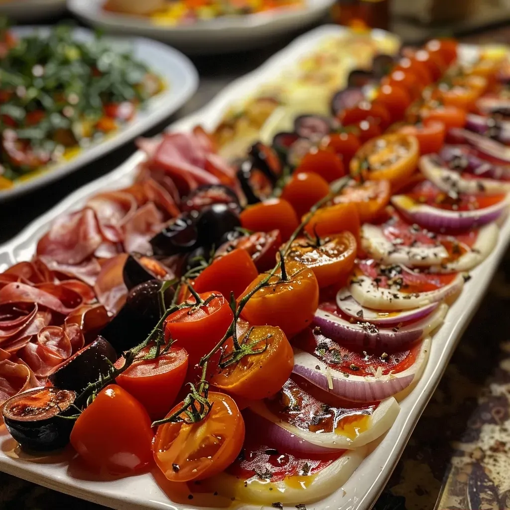 Prato de antipasto mediterrâneo com tomate seco, azeitonas e queijo parmesão.