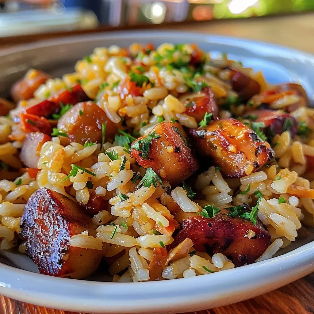 ['Close-up de arroz com linguiça na pressão, com grãos soltinhos e coloridos.', 'Prato de arroz com linguiça calabresa, exibindo ingredientes frescos.', 'Detalhe de arroz bem preparado com pedaços de linguiça e temperos.', 'Vista lateral de arroz com linguiça na pressão, mostrando sua textura suculenta.']