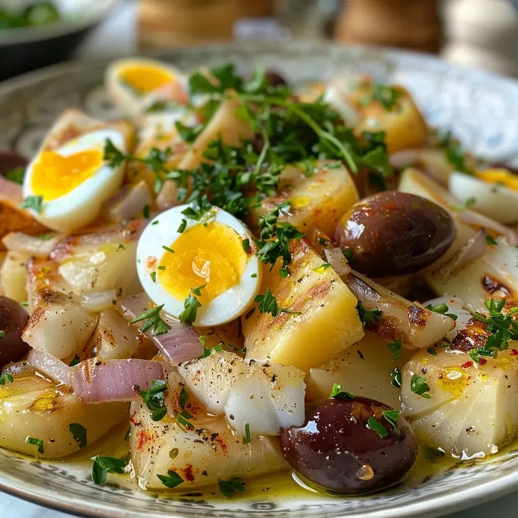 ['Prato de Bacalhau à Gomes de Sá com camadas de batata e ovos.', 'Close-up de Bacalhau à Gomes de Sá, com azeitonas e salsa por cima.', 'Bacalhau à Gomes de Sá servido em uma travessa, com ingredientes à vista.', 'Detalhe de Bacalhau à Gomes de Sá, mostrando a textura e os ingredientes.']