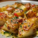['Close-up de bacalhau à portuguesa com batatas e pimentões.', 'Prato de bacalhau desfiado com batatas e azeitonas.', 'Bacalhau à portuguesa servido com pimentões vermelhos.', 'Detalhe de batatas e bacalhau em uma receita tradicional.']