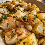 ['Prato de bacalhau com batatas e cebolas, decorado com azeitonas.', 'Close de um bacalhau suculento com batatas e cebolas ao forno.', 'Bacalhau com batatas e cebolas, acompanhado de ramos de tomilho.', 'Prato típico de bacalhau, com batatas e cebolas, servido com azeite.']