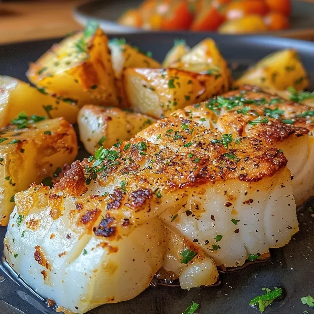 ['Prato de bacalhau com batatas e cebolas, decorado com azeitonas.', 'Close de um bacalhau suculento com batatas e cebolas ao forno.', 'Bacalhau com batatas e cebolas, acompanhado de ramos de tomilho.', 'Prato típico de bacalhau, com batatas e cebolas, servido com azeite.']