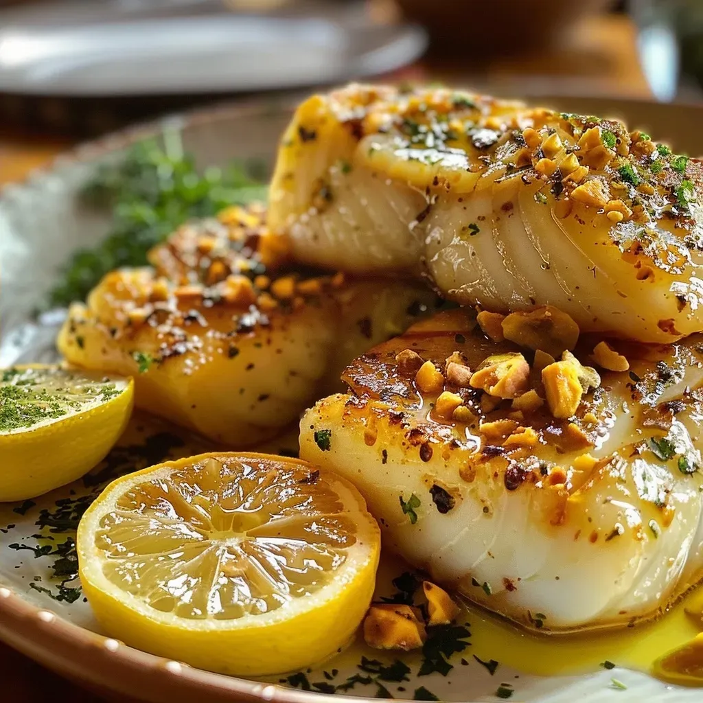 ['Filé de bacalhau coberto com crosta crocante de pistache e limão siciliano.', 'Close-up de bacalhau com uma crosta verde de pistache e fatias de limão.', 'Prato de bacalhau com crosta de pistache e decorado com limão siciliano.', 'Bacalhau assado com pistache, apresentando uma crosta dourada e perfumada.']