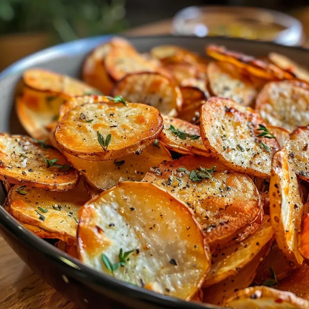['Batata chips crocante dourada em uma tigela.', 'Porção de batata chips crocante servida em uma mesa.', 'Close de batata chips crocante frescas e douradas.', 'Batata chips crocante em um prato, com temperos ao fundo.']