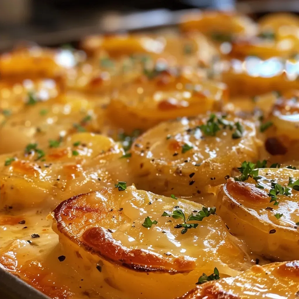 Close-up de Batatas Amandine Gratinadas, douradas e cremosas.