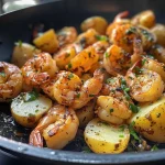 ['Batatas espanholas com camarões ao alho e molho aioli.', 'Prato de batatas com camarões grelhados e molho delicioso.', 'Close-up de batatas ao alho e camarões frescos.', 'Camarões ao alho acompanhados de batatas espanholas crocantes.']