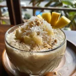 ['Close-up de uma batida de coco e abacaxi em um copo.', 'Bebida refrescante de batida de coco com pedaços de abacaxi.', 'Copo de batida gelada de coco e abacaxi em uma mesa.', 'Batida de coco e abacaxi com gelo, vista lateral.']