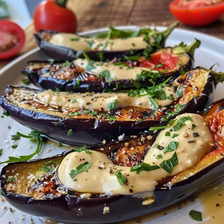 ['Berenjena assada com molho de iogurte e tahini, vista lateral.', 'Prato de berenjena assada coberta com salsa de iogurte e tahini.', 'Close de berenjena assada com molho de iogurte grego e tahini.', 'Berenjena assada na bandeja, decorada com salsa e especiarias.']