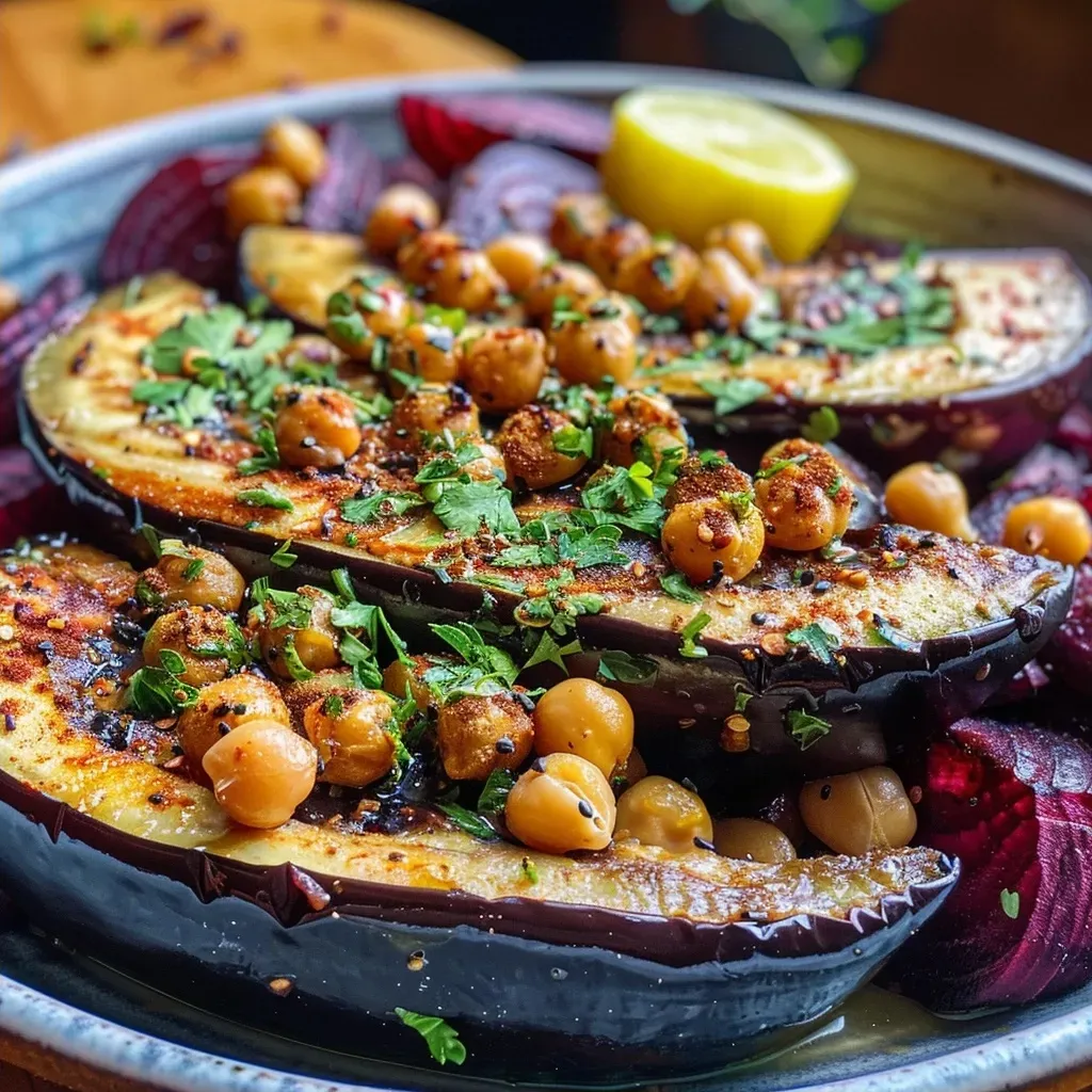 ['Berinjela assada com grão de bico e tahine.', 'Prato de berinjela mediterrânea com especiarias e leguminosas.', 'Close de berinjela com molho de tahine e grão de bico.', 'Berinjela assada servida com grão de bico e decorada com legumes.']