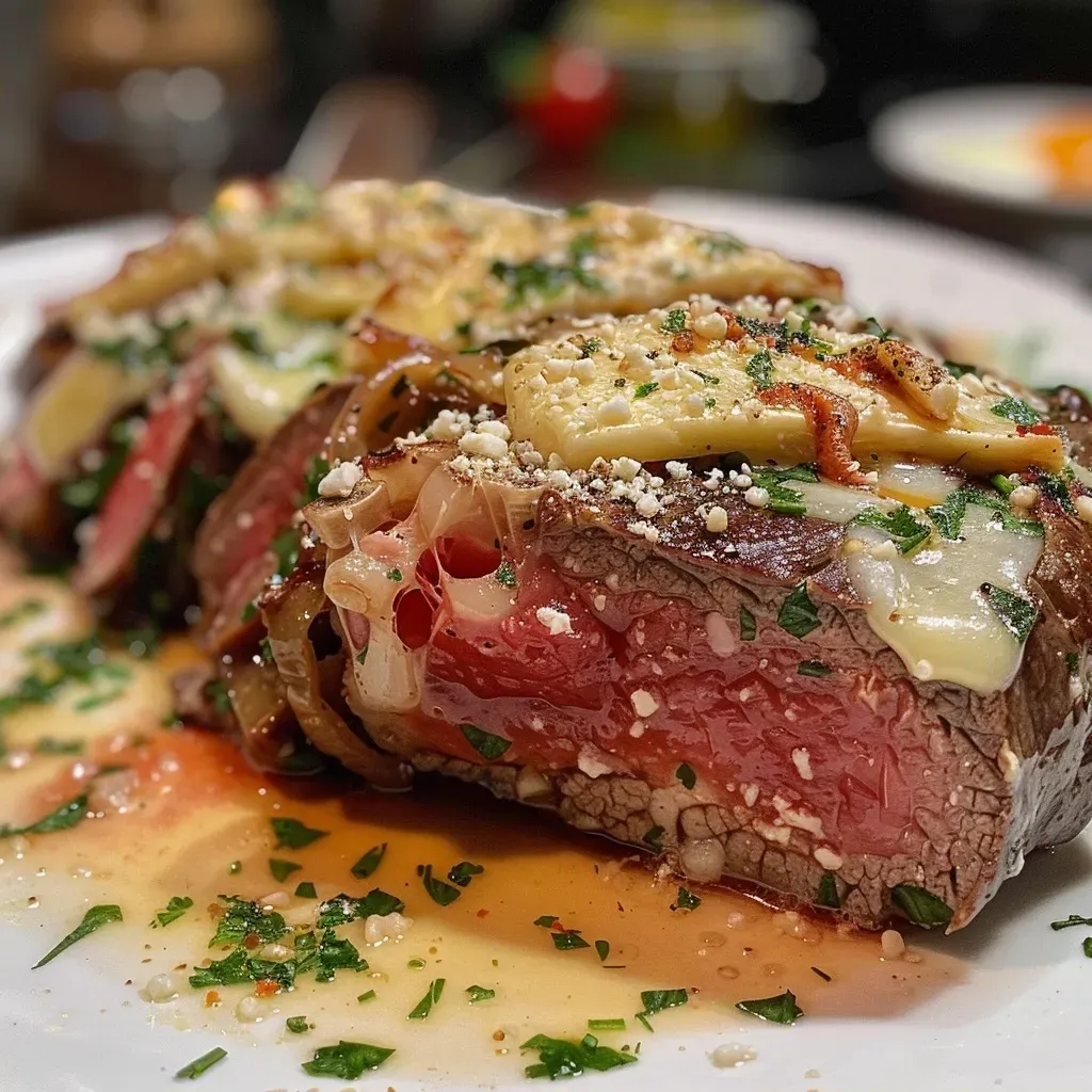 ['Bife à parmegiana suculento com queijo derretido por cima.', 'Vista lateral de um bife à parmegiana crocante e apetitoso.', 'Prato de bife à parmegiana com molho de tomate e queijo.', 'Close de bife à parmegiana perfeito, coberto com queijo e molho.']