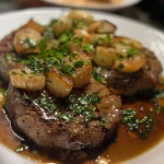 ['Bife acebolado suculento com cebolas em camada.', 'Prato de bife acebolado com cebolas douradas ao redor.', 'Close de bife grelhado com rodelas de cebola caramelizada.', 'Bife acebolado servido em prato raso com guarnição.']